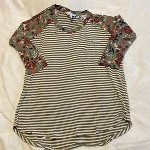 DownEast baseball 3/4 sleeve striped olive and cream shirt with floral sleeves